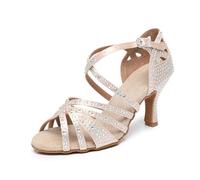 Rosefinch Zapatos de Baile Latino con Diamantes de imitación para Mujer,Moderno Pole Dance Baile de salón Zapatos de Boda Zapatos de latín para niñas Señoras Beige 7cm Tacón 34EU