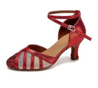 Rosefinch Zapatos de Baile Latino para Mujer Malla de Lentejuelas Zapatos de Baile de práctica de Salsa Tango Rojo 7cm Tacón 38EU