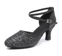 Rosefinch Zapatos de Baile Latino para Mujer Salsa Bachata Salón de Baile Zapatos de Baile de Rendimiento Profesional Negro 7cm Tacón 38EU