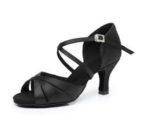 Rosefinch Zapatos de Baile Latino para Mujeres Suela Blanda Hebilla de Diamantes de imitación Salsa Tango Bailes de salón Zapatos de Baile Profesional de práctica Tacón 7cm, Negro 43EU