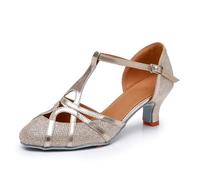 Rosefinch Zapatos de Baile Latinos con Correa en T-para Mujer,Puntera Cerrada Salsa Tango Cha-Cha Ballroom Performance Boda Fiesta Zapatos de Baile Champ 5cm Tacón 35 EU