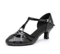 Rosefinch Zapatos de Baile Latinos con Correa en T-para Mujer,Puntera Cerrada Salsa Tango Cha-Cha Ballroom Performance Boda Fiesta Zapatos de Baile Negro 5cm Tacón 39 EU
