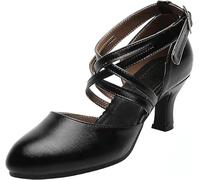 Rosefinch Zapatos de Baile Latinos Femeninos, Cruces de Cuero con Zapatos de salón de Baile Antideslizantes y Cerrados, Salsa Tango espectáculo Fiesta de Bodas 7cm Tacón Alto, Negro 37EU