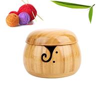 RoseFlower 5.12" Cuenco de Hilo de Madera con Tapa para Tejer y Hacer Ganchillo - Echo a Mano Soporte de Lana Organizador de Cuenco de Almacenamiento de Lana con Agujeros tallados y taladros