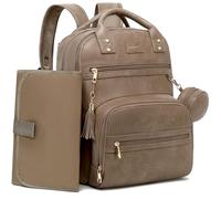 ROSEGIN Mochila cambiadora de cuero vegano, grande, impermeable, para mamá y papá, bolsa de pañales multifunción con cambiador, clips para cochecito y soporte para chupete, color gris pardo