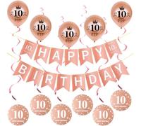 Rosegold guirnalda Happy 10th Birthday bandera + banderas triángulo + 10 años cumpleaños espirales colgante + 5 pcs Rosa Oro globos 10 años chica cumpleaños decoración 10 años cumpleaños niña deco