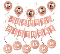Rosegold guirnalda Happy 15th Birthday bandera + banderas triángulo + 15 años cumpleaños espirales colgante + 5 pcs Rosa Oro globos 15 años chica cumpleaños decoración 15 años cumpleaños niña deco