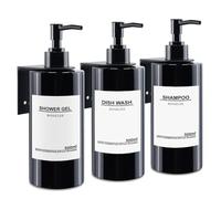 Roselee Juego de 3 dispensadores de jabón de pared de 500 ml, dispensador de jabón para pared, dispensador de jabón negro, sin agujeros, dispensador de bomba de plástico con embudo y etiquetas