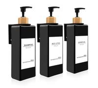 Roselee Juego de 3 dispensadores de jabón para pared, 500 ml, negro, dispensador de jabón sin taladrar, de plástico, con bomba y embudo, etiquetas impermeables para cocina y baño