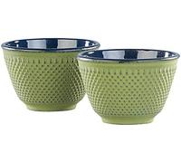 Rosenstein & Söhne HOGAR Y COCINA - taza: Juego de 2 tazas de té asiáticas Tazas de té de hierro fundido, verde oliva con patrón Arare, Revestimiento interior de esmalte (japonesas hierro fundido)