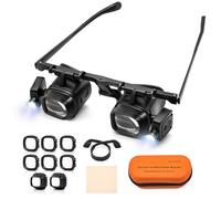 RoserRose Gafas de lupa con luz - 4 lentes intercambiables (2.0X, 6.0X, 10.0X, 24.0X), lupa con 2 luces LED, ideal para relojeros, dentistas y trabajos finos