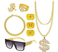 RoserRose Juego de 8 disfraz de chulo de los años 80 y 90, accesorios para hombre, disfraz de rapero, cadena dorada, cadena dorada, gafas de sol, anillo para carnaval, Halloween, talla única,