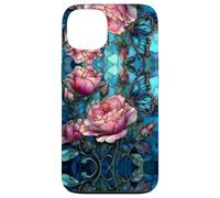 Roses Butterfly Stained Art Effect Stain Pink Blue Floral Carcasa para iPhone 13