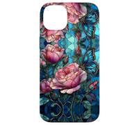 Roses Butterfly Stained Art Effect Stain Pink Blue Floral Carcasa para iPhone 14 Plus