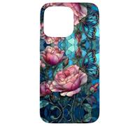 Roses Butterfly Stained Art Effect Stain Pink Blue Floral Carcasa para iPhone 15 Pro MAX