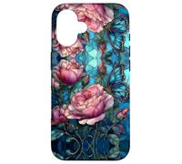 Roses Butterfly Stained Art Effect Stain Pink Blue Floral Carcasa para iPhone 16
