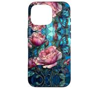 Roses Butterfly Stained Art Effect Stain Pink Blue Floral Carcasa para iPhone 16 Pro