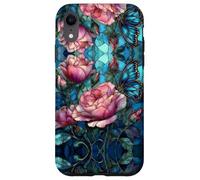 Roses Butterfly Stained Art Effect Stain Pink Blue Floral Carcasa para iPhone XR