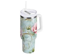 Roses Golden Leaves Pastel Retro Vacío Coldee Vaso con popote resistente a las fugas, botella de agua reutilizable de boca ancha, taza térmica para regalos para mujeres, hombres, él ella