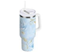Roses Golden Leaves - Vaso aislado al vacío retro pastel con tapa y pajita, botella de agua para niños, reutilizable, portátil, taza de café para hombre y mujer