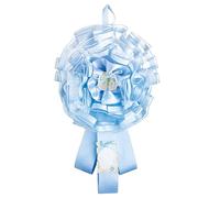 Roseta de tul decorada con lazo de lunares, cintas de satén, aplicación de una decoración de resina y pergamino de cartón para escribir nombre y fecha,