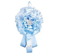 Roseta de tul decorada con lazo de lunares, cintas de satén, aplicación de una decoración de resina y pergamino de cartón para escribir nombre y fecha,