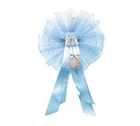 Roseta de tul decorada con lazo de lunares, cintas de satén, aplicación de una decoración de resina y pergamino de cartón para escribir nombre y fecha,