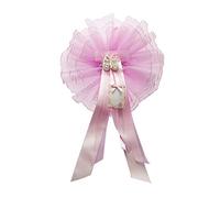 Roseta de tul decorada con lazo de lunares, cintas de satén, aplicación de una decoración de resina y pergamino de cartón para escribir nombre y fecha,