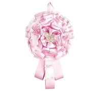 Roseta de tul decorada con lazo de lunares, cintas de satén, aplicación de una decoración de resina y pergamino de cartón para escribir nombre y fecha,