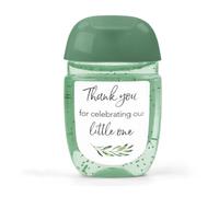 Roseum Collections Paquete de 30 mini etiquetas desinfectantes de manos Greenery Olive Baby Shower - Thank You for Celebrating Our Little One Favor Stickers, alto brillo impermeable eucalipto