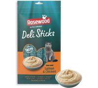 Rosewood Deli Sticks Salmón y Pollo - 5 x 15 g Snacks Blandos para Gatos | Mousse natural con taurina y vitamina E, sin azúcar ni sal, ideal como topping o premio saludable para gatitos y adultos