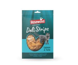 Rosewood Deli Strips Salmón & Atún - Bocadillo Suave y Delicado para Gatos con salmón y atún, golosinas Bajas en Grasa para Gatos, sin Sal ni azúcar añadidos, sin aditivos Artificiales, 40 g