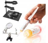 Rosfix Kit de plataforma de montaje para Hotair y PCB - Soporte con lupa, Flux RMA-223, tercera mano | 20 × 25 cm, 1,6 kg | Para BGA, SMD, Electrónica | Accesorios de soldadura para taller