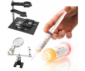 Rosfix Kit de plataforma de montaje para Hotair y PCB - Soporte con lupa, Flux RMA-223, tercera mano | 20 × 25 cm, 1,6 kg | Para BGA, SMD, Electrónica | Accesorios de soldadura para taller
