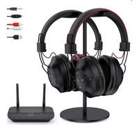 ROSIDA Auriculares inalámbricos duales para ver la televisión con transmisor, soporte para auriculares, auriculares de TV para personas mayores, rango de 295 pies con óptico, AUX, RCA, USB, control de