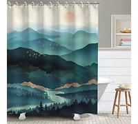 RosieLily Cortina de Ducha de montaña, Cortina de Ducha Verde Azulado para baño, Cortina de Ducha Fresca, Cortina de Ducha Natural, Cortina de Ducha de Acuarela, Bosque brumoso, Sol, Puesta de Sol,