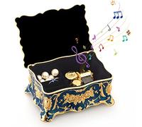ROSIKING Caja de música rectangular azul de aleación de metal en relieve con cuerda para joyería antigua, cajas musicales de Navidad, cumpleaños, día de San Valentín, toca Anastasia, Once Upon a