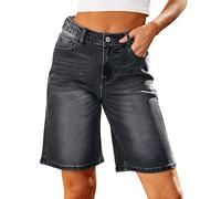 Roskiky Bermudas vaqueras para mujer de cintura alta, trendy, elásticos, pantalones cortos vaqueros hasta la rodilla, estilo cutoff, corte holgado, pantalones cortos largos, L