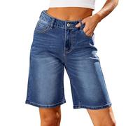 Roskiky Bermudas vaqueras para mujer de cintura alta, trendy, elásticos, pantalones cortos vaqueros hasta la rodilla, corte cutoff holgado, pantalones cortos largos, M