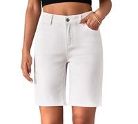 Roskiky Bermudas vaqueras para mujer de cintura alta, trendy, elásticos, shorts vaqueros hasta la rodilla, corte holgado, crema, L