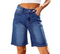 Roskiky Bermudas vaqueras para mujer de cintura alta, trendy, elásticos, shorts vaqueros hasta la rodilla, tipo cutoff, corte holgado, azul oscuro, M