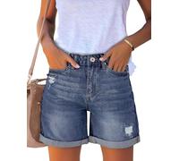 Roskiky Pantalones vaqueros rasgados para mujer, pantalones vaqueros de cintura alta desgastados, Azul arrecife, S