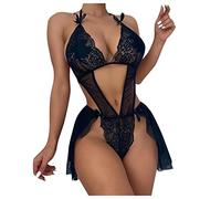 ROSVAJFY Babydoll Lenceria Halter Sexy Encaje para Mujer, Teddy Ropa Interior Una Pieza Camisón Transparente Malla, Picardias Cuello V Atractivo Body Patchwork Negro S-XL (S)