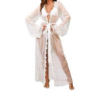 ROSVAJFY Bata de lencería de malla transparente para mujer, kimono largo con ribete de encaje, bata larga de novia, ropa de dormir, ropa de dormir, traje de baño, bikini, cárdigan con cinturón de