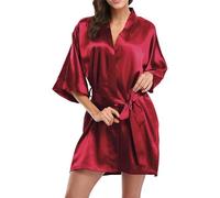 ROSVAJFY Bata Kimono Corto Satén Sexy Media Manga para Mujer,Vestir Seda Elegante,Albornoz Suave Cuello en V,Lencería Novia Damas Suelta,Camisón Ligero con Cinturón,Pijama Vestido Fiestas (Borgoña)