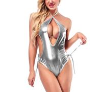 ROSVAJFY Body Halter de Charol Mujer Cuero Bodies Lenceria con Cordones Wetlook Ropa Interior Cuello V Profundo Traje de Baño Metalizado Brillante Teddy Bodysuit Clubwear (Plateado)