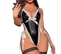 ROSVAJFY Body Lencería de Cuero Mujer Sexy Disfraz Sirvienta, Bodies de Charol Encaje Cosplay Maid, Halloween Ropa Interior Atractiva Juego Rol Criada Mono Escote en V Profundo S-XL (S)