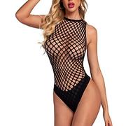 ROSVAJFY Body Rejilla Sexy Mujer,Lencería Babydoll Transparente,Malla Ahuecada Bodystocking Elástico Halter Bodycon,Recorte sin Mangas Onesie Mono Ropa interior Leotardo Tops Chemise Dormir (Negro)