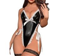 ROSVAJFY Body Sexy Cuero Mujer Bodies Lencería Charol Wetlook Sin Mangas Una Pieza, Ropa Interior Sin Espalda Clubwear Con Cuello V Profundo Disfraz Juego de Poles Sirvienta Ribete Encaje Halloween