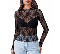 ROSVAJFY Camiseta de manga larga transparente con encaje de malla, manga larga, parte superior de malla, bordado floral, ligero y transpirable, parte superior de malla para mujer, festival, manga